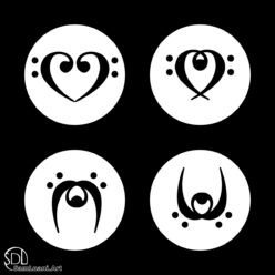 Four abstract heart-themed bass clef designs.