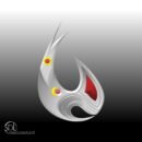 Abstract metal bird shape with vibrant colors.