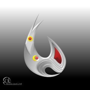 Abstract metal bird shape with vibrant colors.